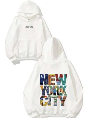 Urbvn Ny City Tasarım Baskılı Oversize Beyaz Kapüşonlu Sweatshirt
