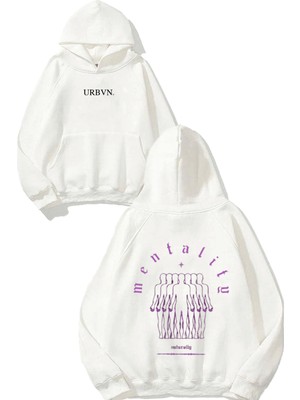 Urbvn Mentality Self Tasarım Baskılı Oversize Beyaz Kapüşonlu Sweatshirt