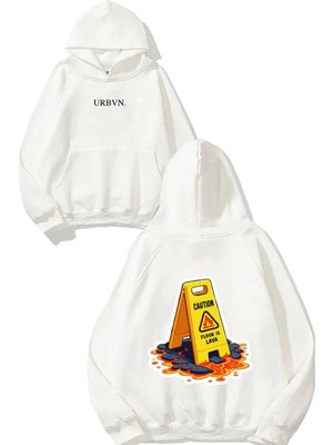 Urbvn Caution Lava Tasarım Baskılı Oversize Beyaz Kapüşonlu Sweatshirt