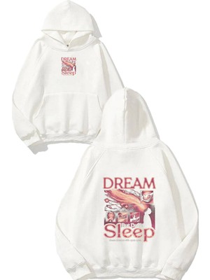 Urbvn Chase Dreams Tasarım Baskılı Oversize Beyaz Kapüşonlu Sweatshirt