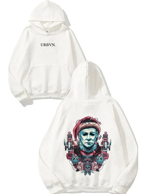 Urbvn Noel Man Tasarım Baskılı Oversize Beyaz Kapüşonlu Sweatshirt