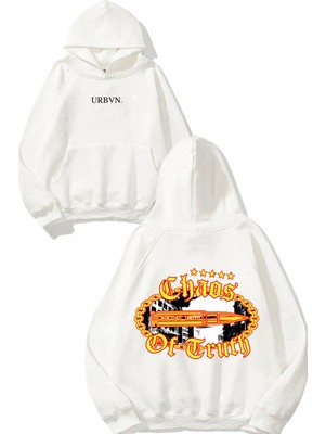 Urbvn Chaos Tasarım Baskılı Oversize Beyaz Kapüşonlu Sweatshirt