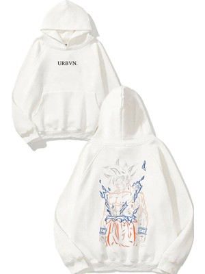 Urbvn Anime Dövüşçü Çocuk Tasarım Baskılı Oversize Beyaz Kapüşonlu Sweatshirt