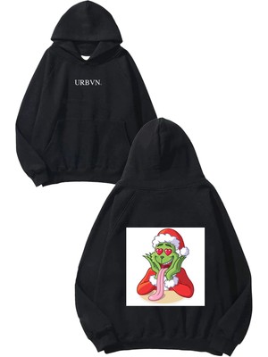 Urbvn Grinch Noel Tasarım Baskılı Oversize Siyah Kapüşonlu Sweatshirt