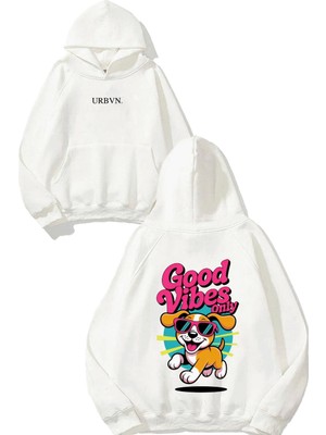 Urbvn Good Vibe Dog Tasarım Baskılı Oversize Beyaz Kapüşonlu Sweatshirt