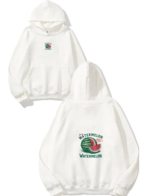 Urbvn Juicy Watermelon Tasarım Baskılı Oversize Beyaz Kapüşonlu Sweatshirt