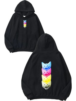 Urbvn Cat Faces Tasarım Baskılı Oversize Siyah Kapüşonlu Sweatshirt