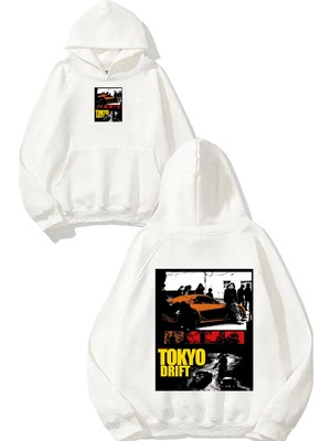 Urbvn Tokyo Car Tasarım Baskılı Oversize Beyaz Kapüşonlu Sweatshirt