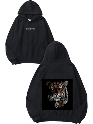 Urbvn Lion Face Tasarım Baskılı Oversize Siyah Kapüşonlu Sweatshirt