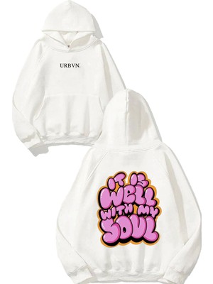 Urbvn With Soul Tasarım Baskılı Oversize Beyaz Kapüşonlu Sweatshirt