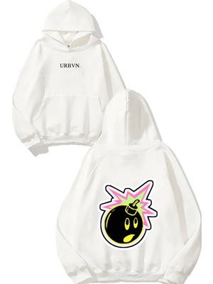 Urbvn Bomb Sticker Tasarım Baskılı Oversize Beyaz Kapüşonlu Sweatshirt