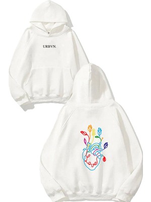 Urbvn Love Heart Tasarım Baskılı Oversize Beyaz Kapüşonlu Sweatshirt