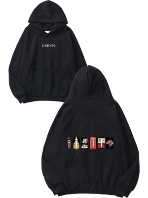 Urbvn Love London Tasarım Baskılı Oversize Siyah Kapüşonlu Sweatshirt