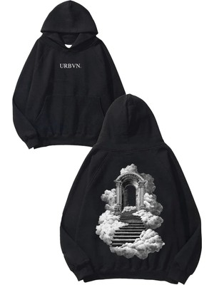 Urbvn Cloudy Stairs Tasarım Baskılı Oversize Siyah Kapüşonlu Sweatshirt