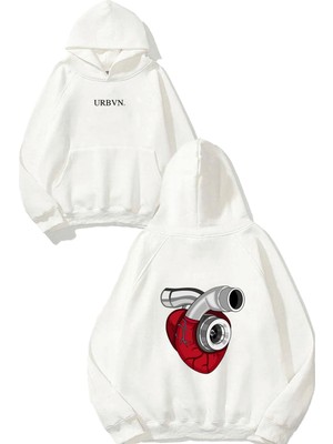 Urbvn Mekanik Kalp Tasarım Baskılı Oversize Beyaz Kapüşonlu Sweatshirt