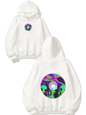 Urbvn CD Alien Tasarım Baskılı Oversize Beyaz Kapüşonlu Sweatshirt