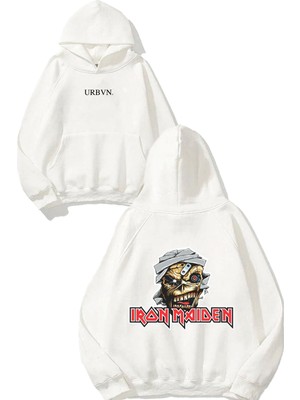 Urbvn Iron Maiden Face Tasarım Baskılı Oversize Beyaz Kapüşonlu Sweatshirt
