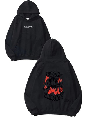 Urbvn Fck World Tasarım Baskılı Oversize Siyah Kapüşonlu Sweatshirt
