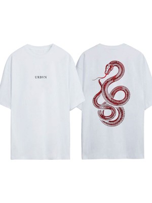 Urbvn Red Snakes Tasarım Baskılı Beyaz Oversize T-Shirt