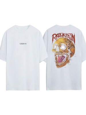 Urbvn Ramstain Skulls Tasarım Baskılı Beyaz Oversize T-Shirt