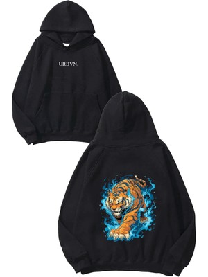 Urbvn Fire Tiger Tasarım Baskılı Oversize Siyah Kapüşonlu Sweatshirt