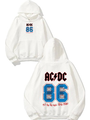 Urbvn Acdc 86 Tasarım Baskılı Oversize Beyaz Kapüşonlu Sweatshirt