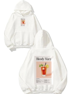 Urbvn Bloody Mary Tasarım Baskılı Oversize Beyaz Kapüşonlu Sweatshirt