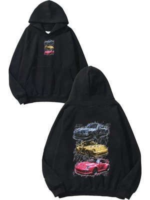 Urbvn Cars 2 Tasarım Baskılı Oversize Siyah Kapüşonlu Sweatshirt