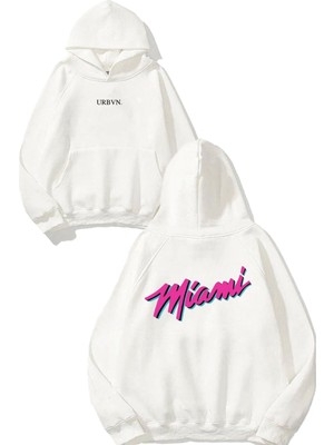 Urbvn Miami Tasarım Baskılı Oversize Beyaz Kapüşonlu Sweatshirt