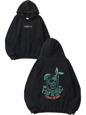 Urbvn Topsail Island Tasarım Baskılı Oversize Siyah Kapüşonlu Sweatshirt