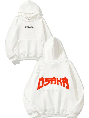 Urbvn Osaka Japan Tasarım Baskılı Oversize Beyaz Kapüşonlu Sweatshirt