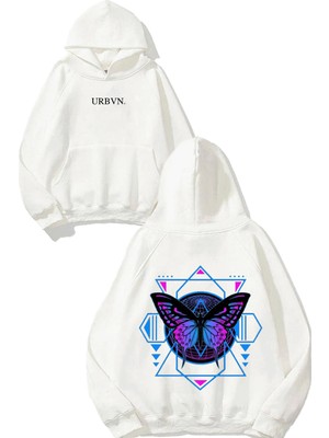 Urbvn Kelebek Dijital Tasarım Baskılı Oversize Beyaz Kapüşonlu Sweatshirt