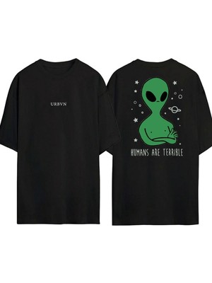 Urbvn Alliens Tasarım Baskılı Siyah Oversize T Shirt