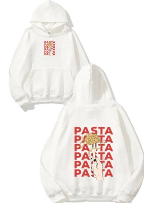 Urbvn Pasta Hand Tasarım Baskılı Oversize Beyaz Kapüşonlu Sweatshirt