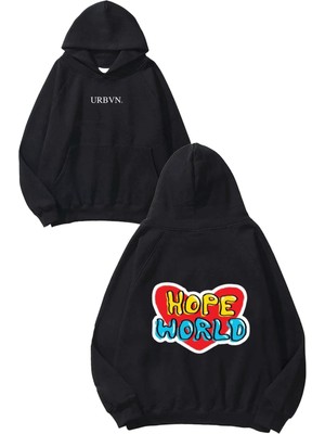 Urbvn Hope World Tasarım Baskılı Oversize Siyah Kapüşonlu Sweatshirt