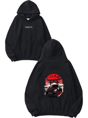 Urbvn Tokyo Race Tasarım Baskılı Oversize Siyah Kapüşonlu Sweatshirt