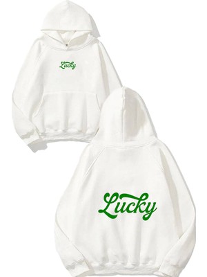 Urbvn Lucky Green Tasarım Baskılı Oversize Beyaz Kapüşonlu Sweatshirt