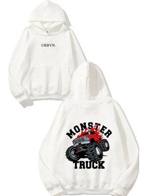 Urbvn Red Monster Truck Tasarım Baskılı Oversize Beyaz Kapüşonlu Sweatshirt