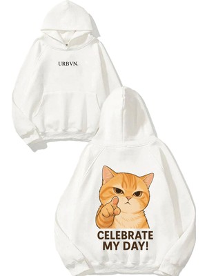 Urbvn Celebrate Tasarım Baskılı Oversize Beyaz Kapüşonlu Sweatshirt