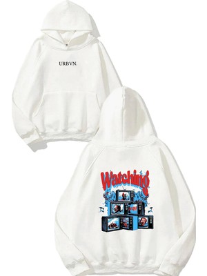 Urbvn Watching Tasarım Baskılı Oversize Beyaz Kapüşonlu Sweatshirt