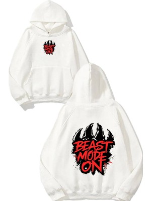 Urbvn Beast Mod On Tasarım Baskılı Oversize Beyaz Kapüşonlu Sweatshirt
