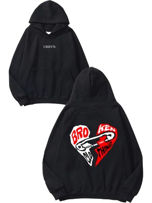 Urbvn Broken Tasarım Baskılı Oversize Siyah Kapüşonlu Sweatshirt