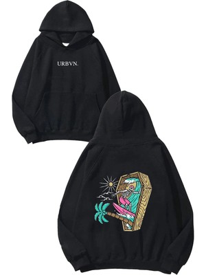 Urbvn Surfing Skull Tasarım Baskılı Oversize Siyah Kapüşonlu Sweatshirt