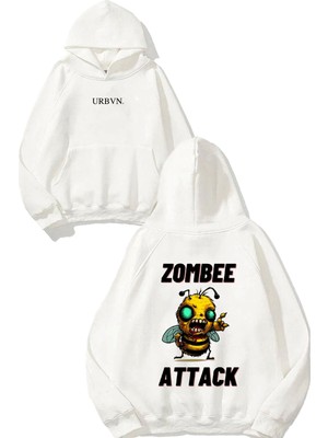 Urbvn Zombie Attack Tasarım Baskılı Oversize Beyaz Kapüşonlu Sweatshirt
