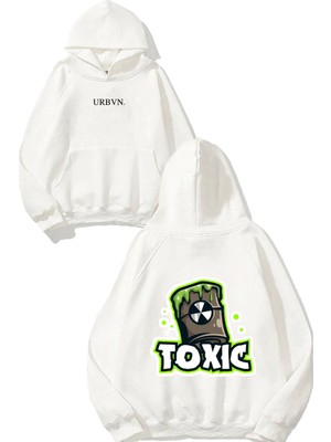 Urbvn Toxic Sprey Tasarım Baskılı Oversize Beyaz Kapüşonlu Sweatshirt