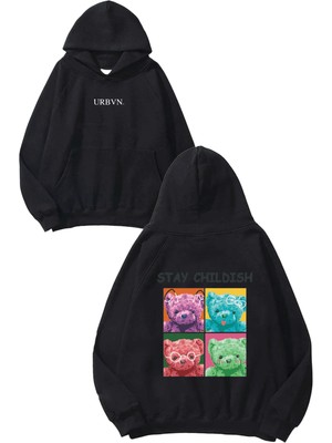 Urbvn Stay Childish Tasarım Baskılı Oversize Siyah Kapüşonlu Sweatshirt