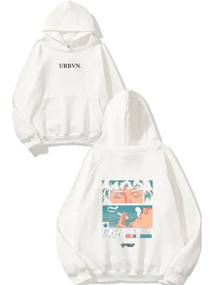 Urbvn Blaze Tasarım Baskılı Oversize Beyaz Kapüşonlu Sweatshirt