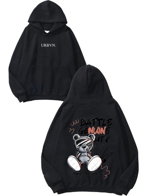 Urbvn Battle Tasarım Baskılı Oversize Siyah Kapüşonlu Sweatshirt