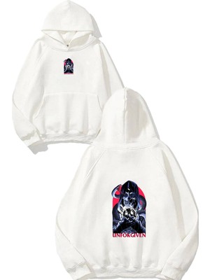 Urbvn Unforgiven Tasarım Baskılı Oversize Beyaz Kapüşonlu Sweatshirt