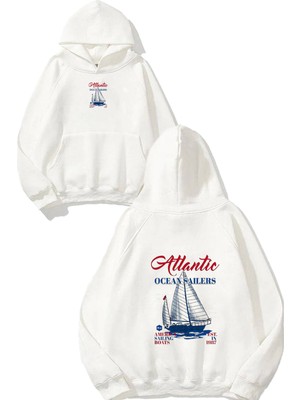 Urbvn Atlantic Tasarım Baskılı Oversize Beyaz Kapüşonlu Sweatshirt